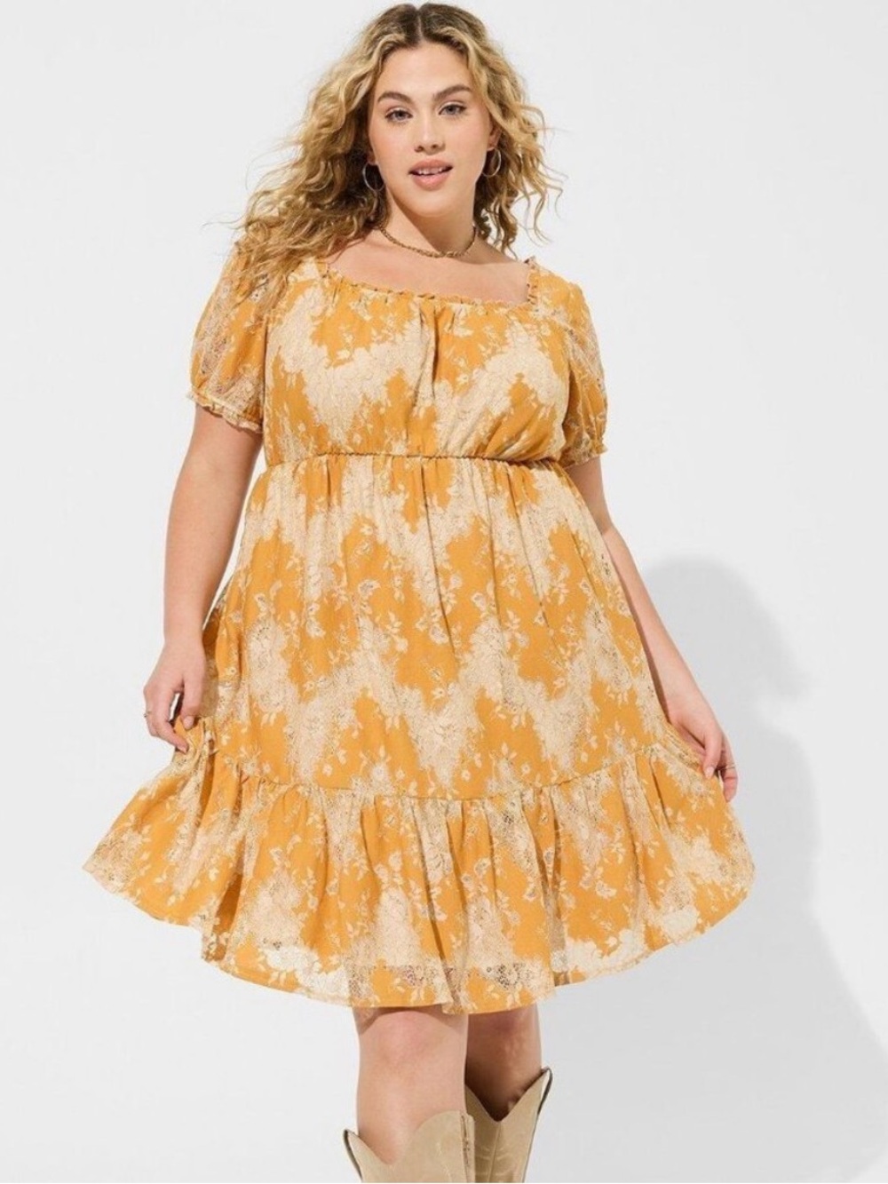 NEW Torrid Size 0 large yellow Two Tone Lace Tiered Babydoll Mini Dress Plus 12